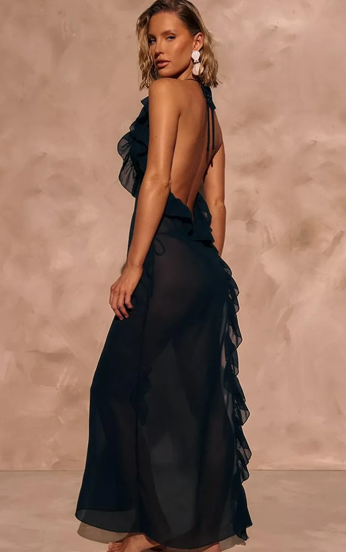 Black Frill Chiffon Maxi Beach Dress