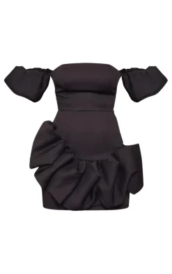Black Frill Detail Puff Sleeve Bardot Bodycon Dress