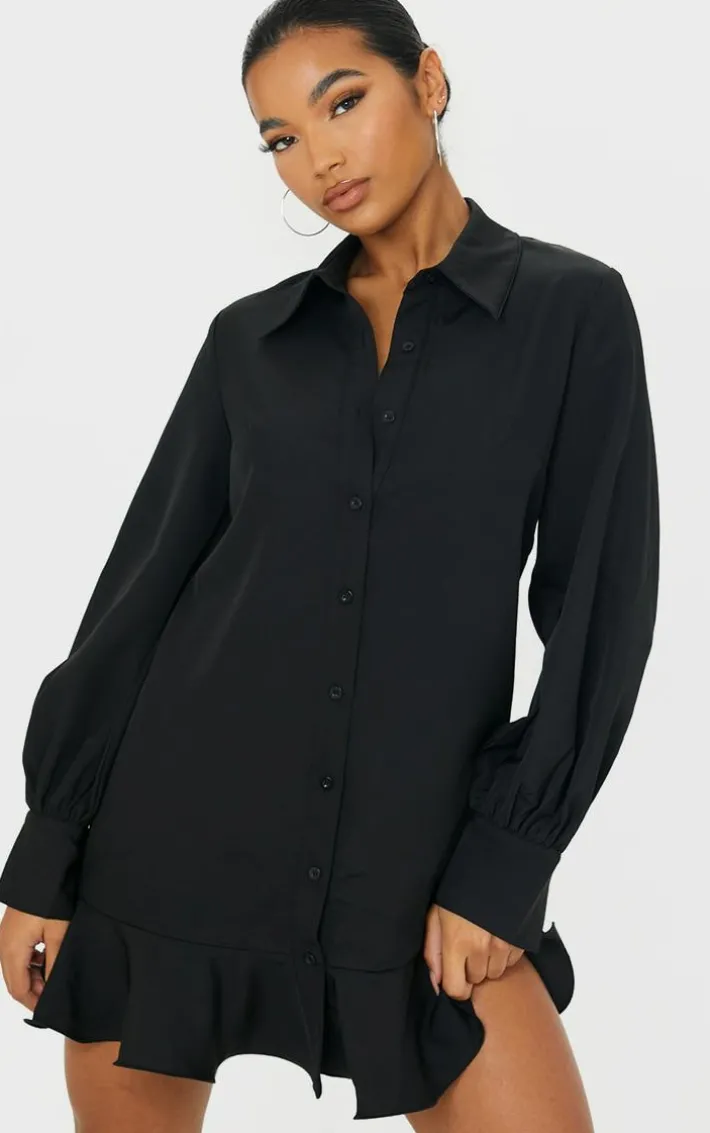 Black Frill Hem Shirt Dress