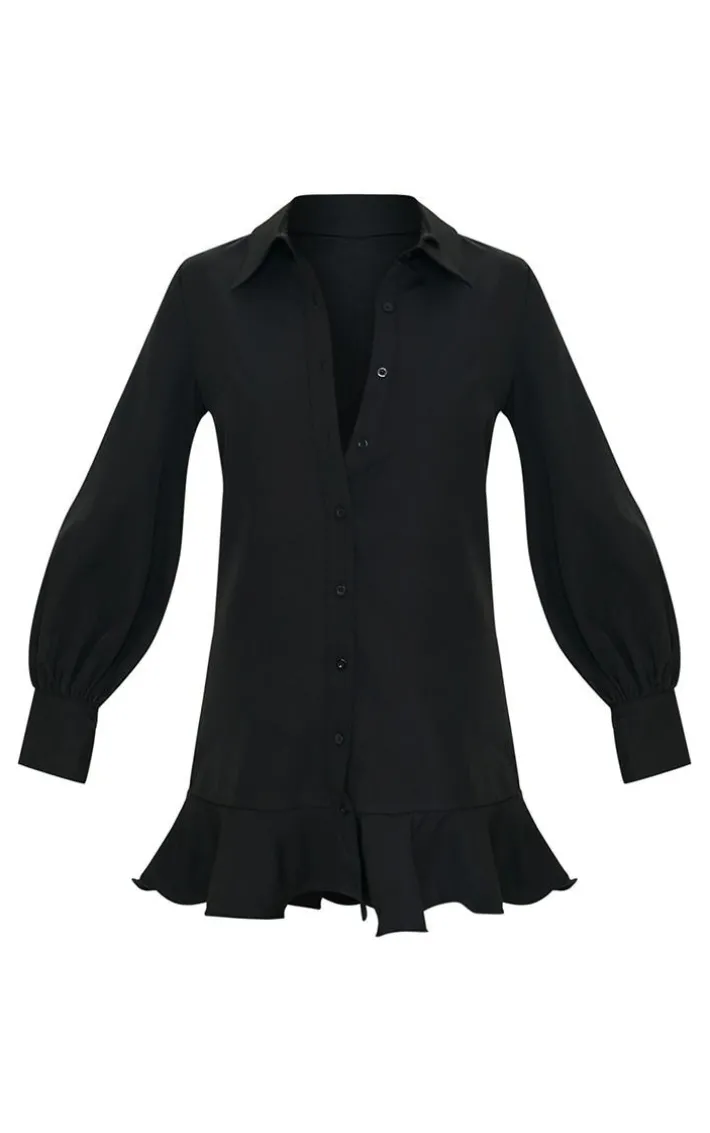 Black Frill Hem Shirt Dress