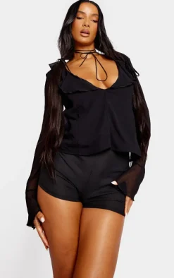 Black Frill Plunge Long Sleeve Frill Cuff Blouse