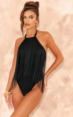 Black Fringe Halter Neck Swimsuit