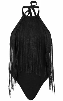 Black Fringe Halter Neck Swimsuit