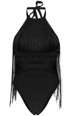 Black Fringe Halter Neck Swimsuit