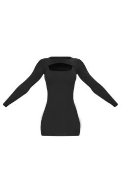 Black Front Cut Out Rib Knit Mini Dress