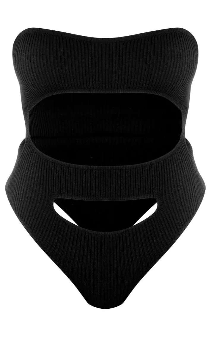 Black Front Cut Outs Bandeau Knit Bodysuit