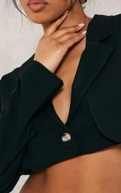 Black Front Panel Detail Cropped Blazer