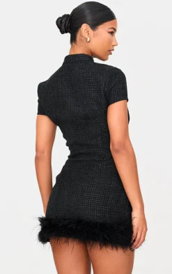 Black Glitter Boucle Feather Trim Mini Dress