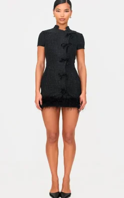Black Glitter Boucle Feather Trim Mini Dress