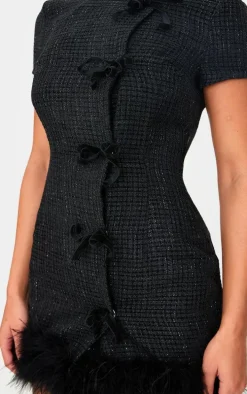Black Glitter Boucle Feather Trim Mini Dress