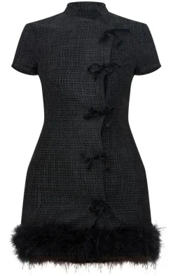 Black Glitter Boucle Feather Trim Mini Dress
