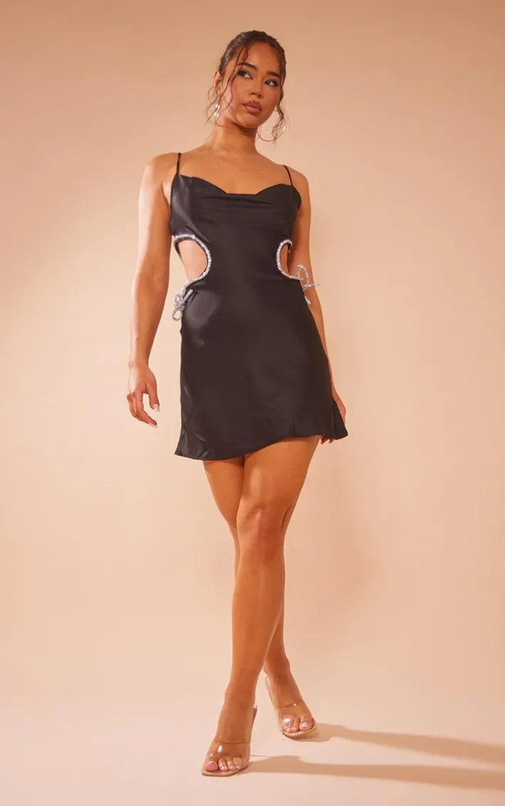 Black Glitter Bow Detail Cut Out Cami Dress