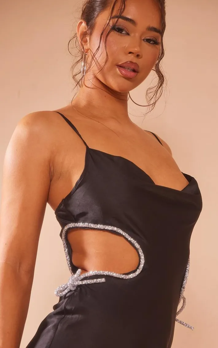 Black Glitter Bow Detail Cut Out Cami Dress