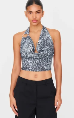 Black Glitter Detail Leopard Ring Strap Cowl Neck Top