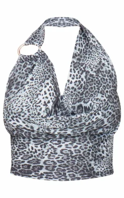 Black Glitter Detail Leopard Ring Strap Cowl Neck Top