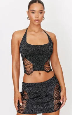Black Glitter Knit Distressed Ladder Halterneck Top