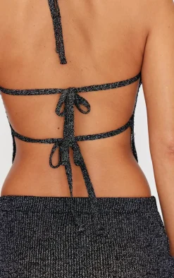 Black Glitter Knit Distressed Ladder Halterneck Top