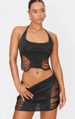 Black Glitter Knit Distressed Ladder Mini Skirt