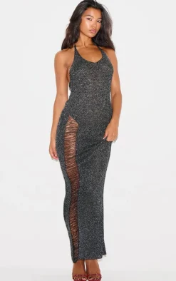 Black Glitter Knit Distressed Ladder Halterneck Maxi Dress