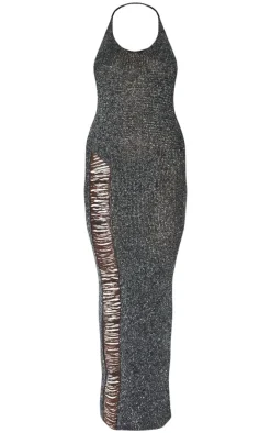 Black Glitter Knit Distressed Ladder Halterneck Maxi Dress