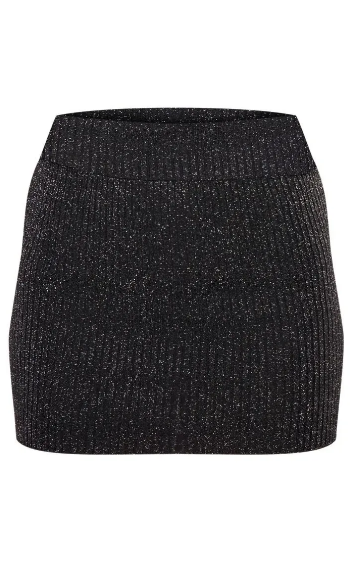 Black Glitter Knitted Mini Skirt