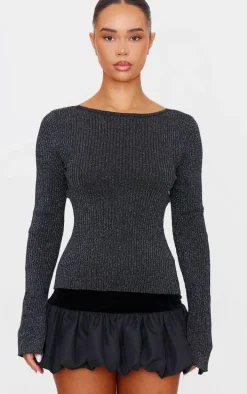 Black Glitter Knitted Open Back Long Sleeve Top
