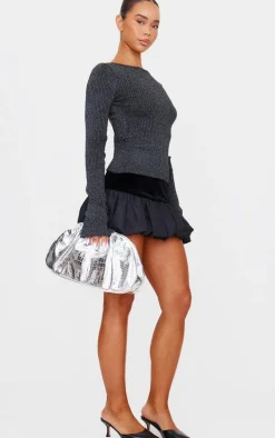 Black Glitter Knitted Open Back Long Sleeve Top