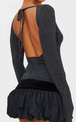 Black Glitter Knitted Open Back Long Sleeve Top