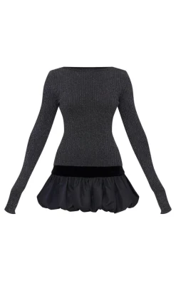 Black Glitter Knitted Open Back Long Sleeve Top