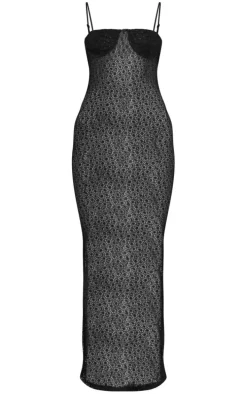 Black Glitter Lace Cup Detail Strappy Midaxi Dress