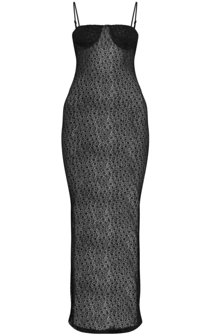 Black Glitter Lace Cup Detail Strappy Midaxi Dress