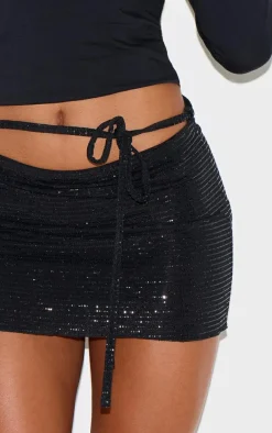 Black Glitter Lurex Lace Up Detail Mini Skirt