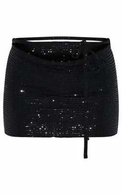 Black Glitter Lurex Lace Up Detail Mini Skirt