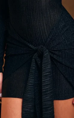 Black Glitter Plisse High Neck Long Sleeve Knot Bodycon Dress