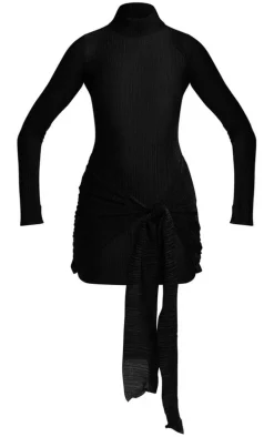 Black Glitter Plisse High Neck Long Sleeve Knot Bodycon Dress