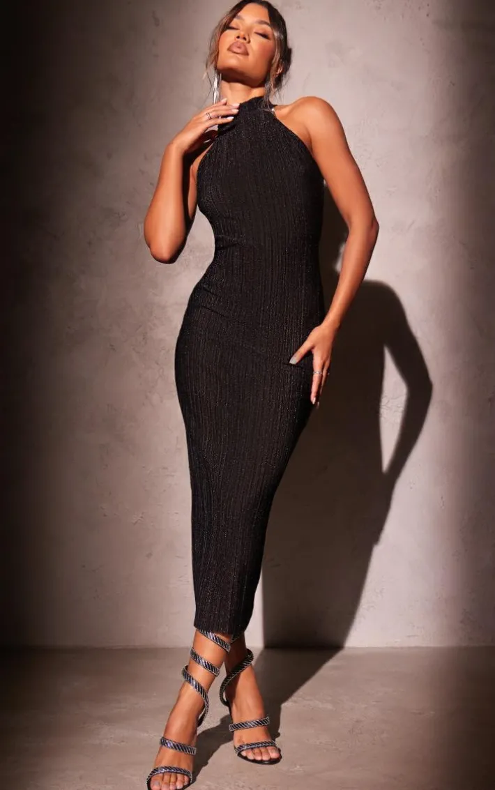 Black Glitter Plisse High Neck Racer Bodycon Midi Dress