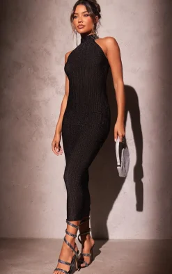 Black Glitter Plisse High Neck Racer Bodycon Midi Dress