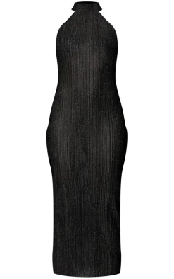 Black Glitter Plisse High Neck Racer Bodycon Midi Dress