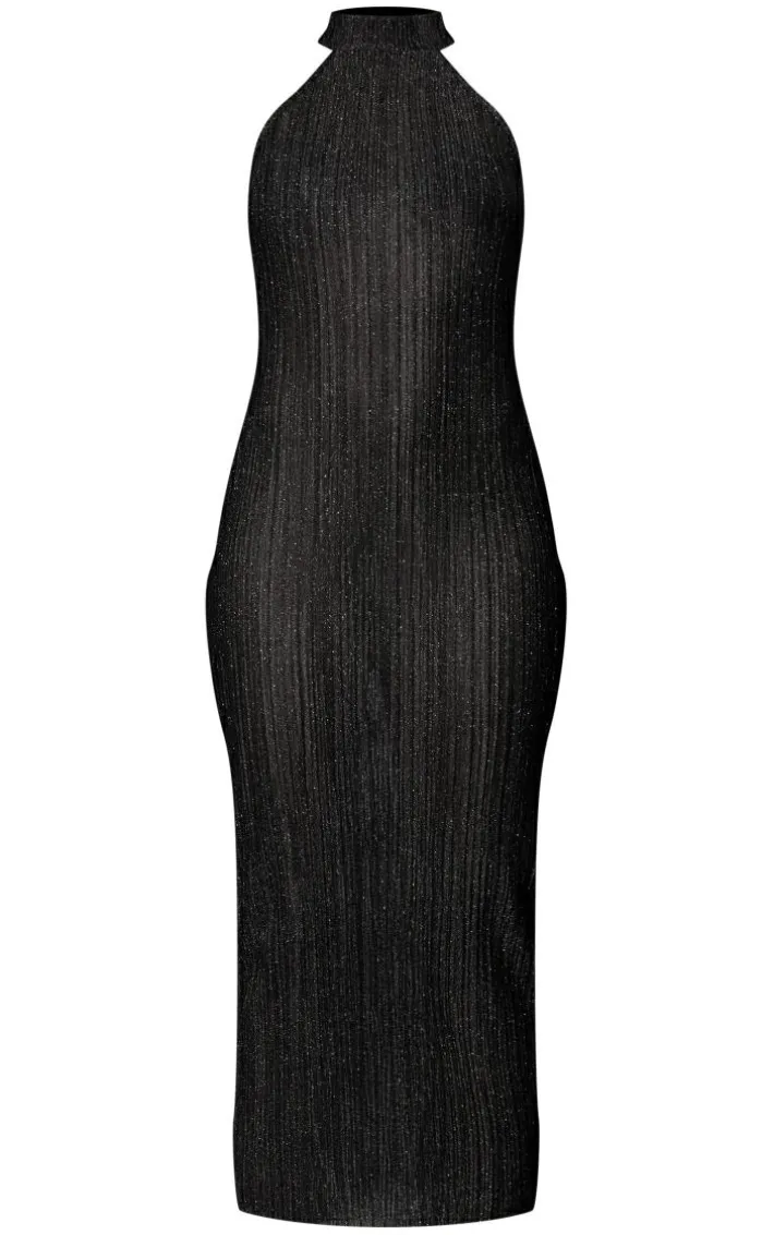 Black Glitter Plisse High Neck Racer Bodycon Midi Dress