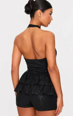 Black Glitter Sequin Halterneck Rara Skort Romper