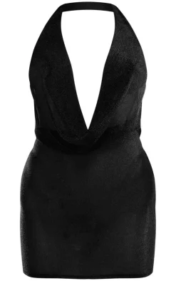 Black Glitter Sheer Cowl Neck Mini Dress