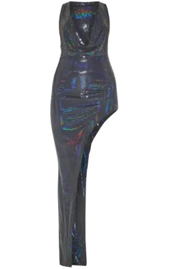 Black Glitter Slinky Cowl Neck Thigh Split Midaxi Dress