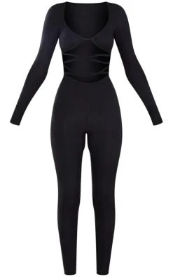 Black Glitter Stripe Long Sleeve Strappy Waist Jumpsuit