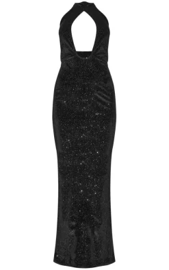 Black Glitter Velvet Halterneck Cut Out Maxi Dress