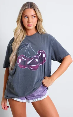 Black Glossy Cherry Washed Graphic Oversized T Shirt
