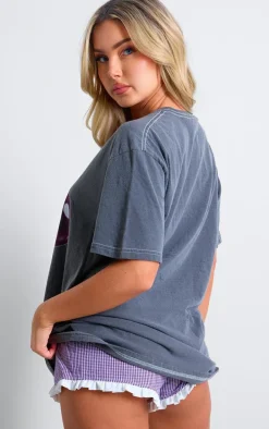 Black Glossy Cherry Washed Graphic Oversized T Shirt