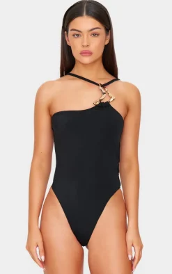 Black Gold Trim Asymmetric Swimsuit