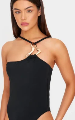 Black Gold Trim Asymmetric Swimsuit