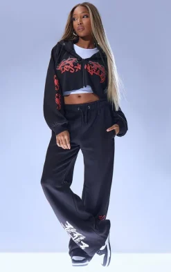 Black Graphic Oversized Los Angeles Cropped Zip Hoodie