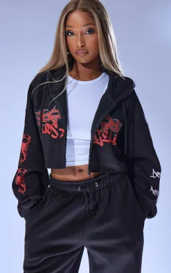 Black Graphic Oversized Los Angeles Cropped Zip Hoodie